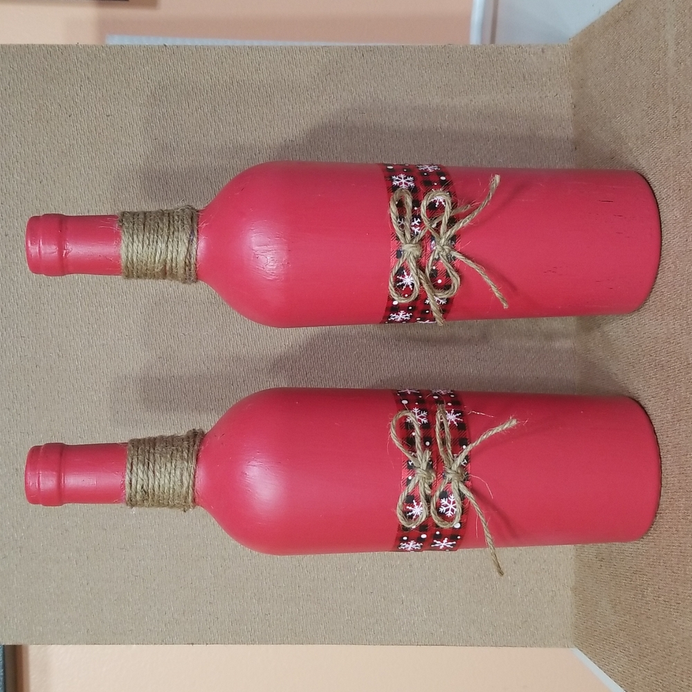 Handmade Red Holiday Hand Painted Glass Bottle Set of 2 Table Decor